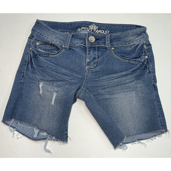 Almost Famous Womens Cutoffs Blue Jean Shorts Size 1 Denim Stretch Distressed - Picture 1 of 4